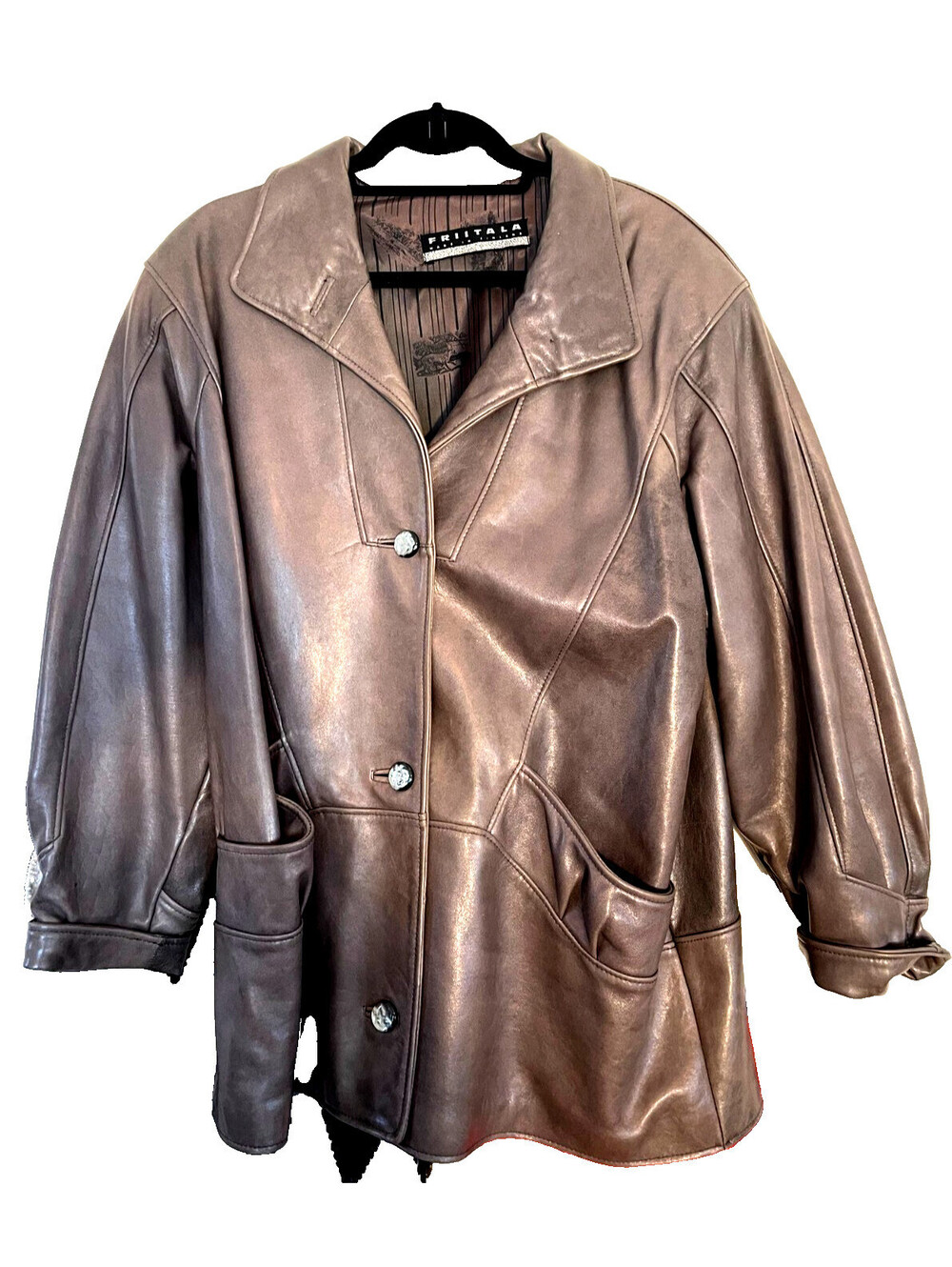 Vintage Friitala Brown Leather Coat Made in Finland Size 14 USA